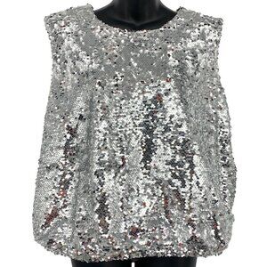 Marc New York Andrew Marc Medium M Silver Sequin Sleeveless Top Blouse Women New